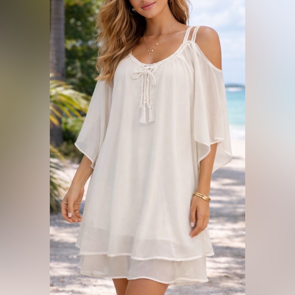 Purple Snow Boho Dress XL Bone Color Chiffon Look Cold Shoulder Flowy Tunic